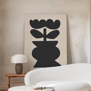 Jarrón floral negro abstracto imprimible, arte mural botánico minimalista, decoración moderna imprimible / 0703