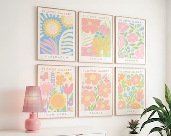 Danish Decor Flower Market Printable Gallery Wall Prints, Set of 6 Cute Floral Prints, Trendy Pastel Aesthetic Living Room Decor | 2049
