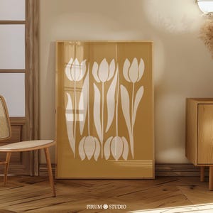 Senfgelbe Tulpen druckbare Wandkunst, abstraktes botanisches Poster, Boho-Kunstdruck, Erdtöne Wanddekor, Blumenillustration | um 1950