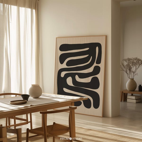Beige and Black Abstract Art Print, Mid Century Modern Organic Poster (Digital Download)