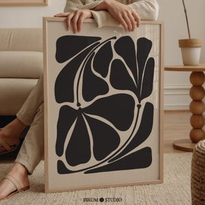 Arte abstracto de plantas, arte mural en beige y negro, arte mural imprimible, arte moderno de mediados de siglo, arte neutro, póster botánico, impresión abstracta grande / 1496