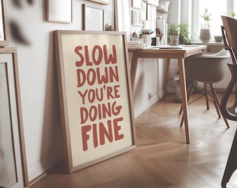 Slow Life Printable Wall Art – Red Minimal Typography Quote, Calming Self Care Bedroom Decor | 1473