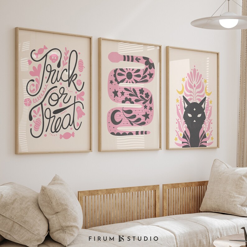 Pink Halloween Decor Wall Art Set of 3 Halloween Printables Etsy