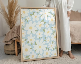 Sky Blue Daisy Print, Boho Floral Art, Spring Pastel Apartment Decor, Digital Download | 1010