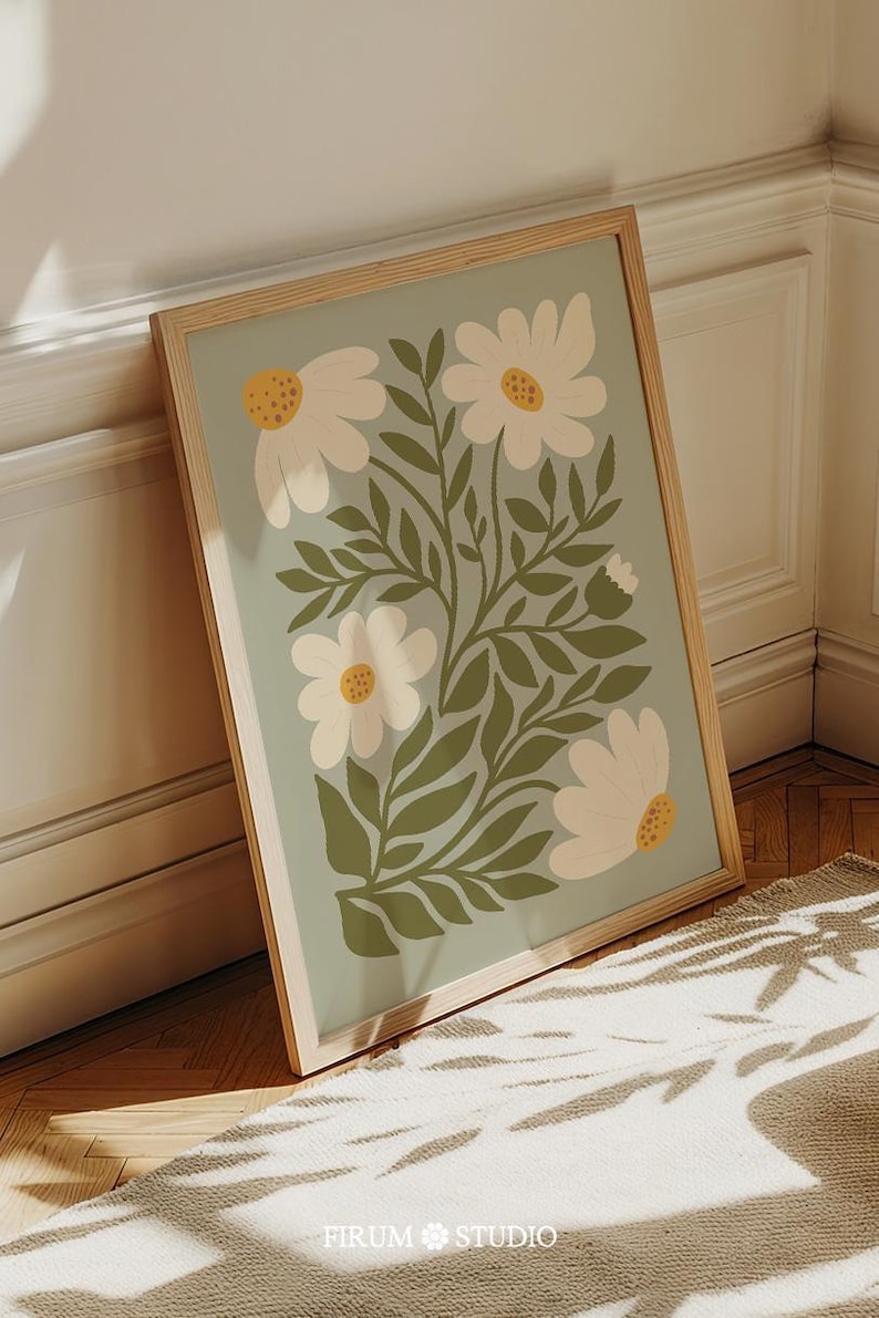 Sage green daisies printable wall art featuring soft floral elements in a muted green palette. This digital artwork blends modern botanical aesthetics with minimalist decor, perfect for living rooms, bedrooms, and stylish apartments. Available as a high-resolution digital download for instant printing