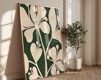 Dark Green Botanical Art Print, Abstract Floral Poster, Boho Room Decor, Digital Download | 1652