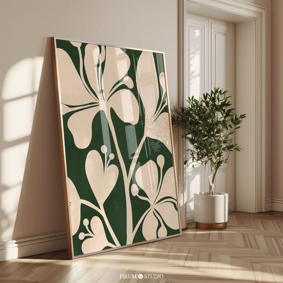 Dark Green Botanical Art Print, Abstract Floral Poster, Boho Room Decor, Digital Download | 1652