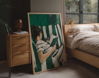 Reading Woman Printable Wall Art – Emerald Green Book Lover Art Poster, Cozy Modern Decor | 1301