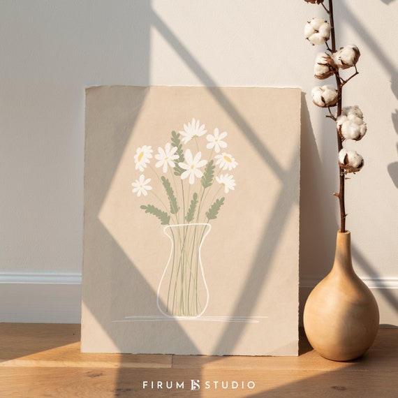 Daisies Wall Art, Light Neutral Art, Boho Art Print, Beige Printable Art, Neutral Wall Art, Floral Illustration, Botanical Poster | 1627
