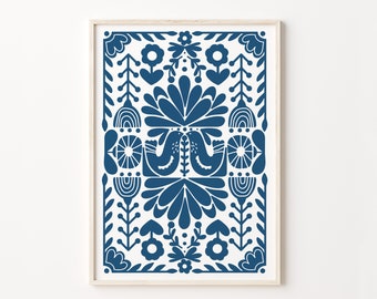 Norwegian Folk Art, Royal Blue Wall Art, Instant Download, Scandinavian Poster, Norway Folk Art, Modern Room Decor,  Nordic Digital Print