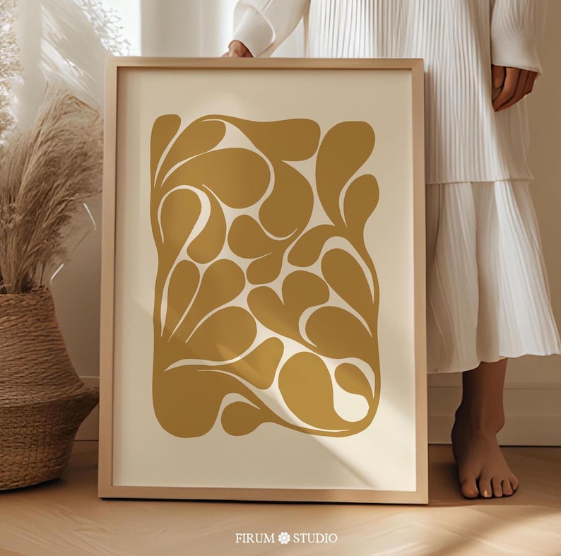 Abstract botanical art print in muted yellow ochre tones, perfect for modern home decor. This chic, downloadable art adds warmth to any space, ideal for those seeking minimalist and trendy wall decor