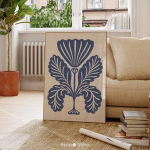 Folklore Abstrakte Florale Art Print, Marineblau und Weiß druckbare Wandkunst, Mid Century Modern Home Decor für Wohnzimmer | 0957