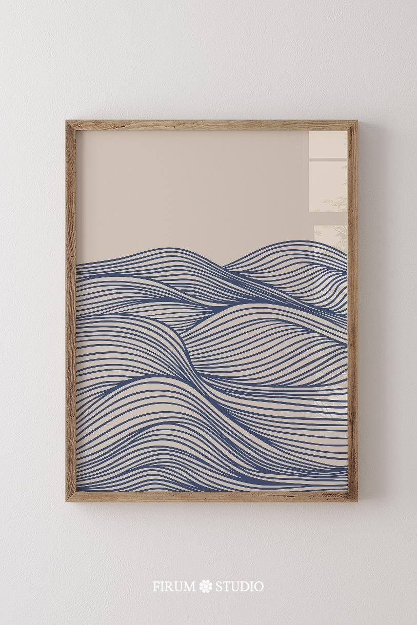 Blue Wave Line Art Printable Wall Art, Mid Century Modern Ocean