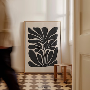 Moody Botanical Art, Organic Large Abstract Print, Abstract Floral Wall Decor, Mid Century Modern Beige and Black Wall Art | 1494