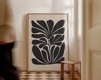 Moody Botanical Art, Organic Large Abstract Print, Abstract Floral Wall Decor, Mid Century Modern Beige and Black Wall Art | 1494