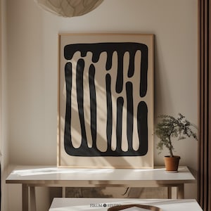 Arte de parede preta bege minimalista orgânica, impressão para download, impressão abstrata grande, decoração de quarto moderna, pôster bege minimalista para impressão | 1158