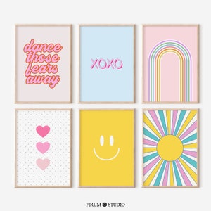 Colourful Retro Printable Wall Art Set of 6, Preppy Gallery Wall Set ...