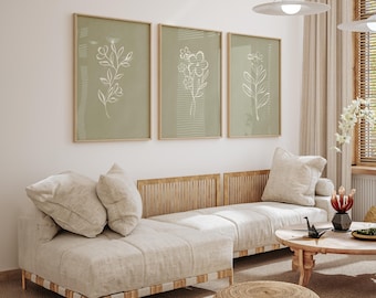 Set of 3 Sage Green Downloadable Print Set, Wall Art Set of 3, Botanical Print Set, Flower Gallery Set of 3, Minimal Floral Wall Set | 2011