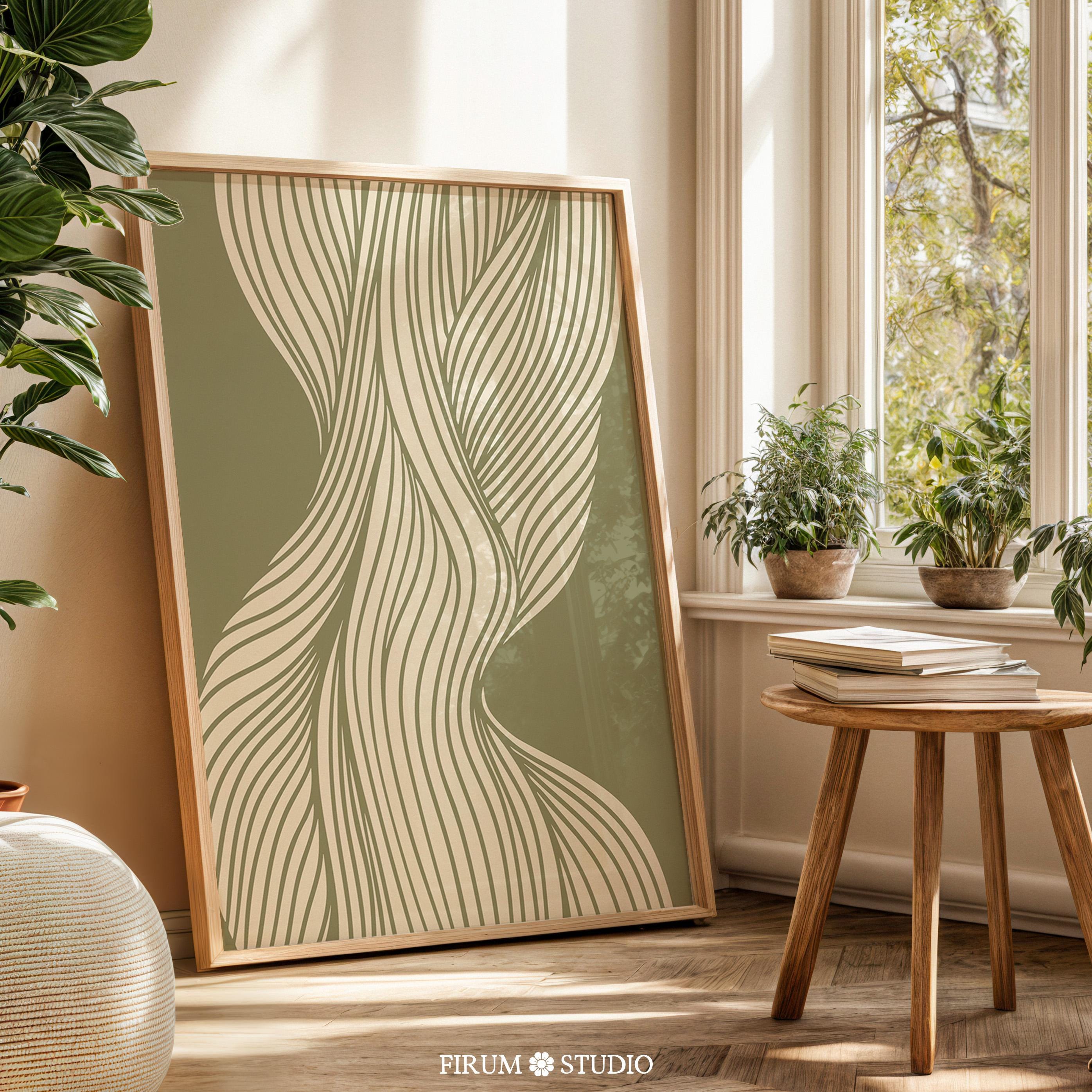Sage Green Japandi Downloadable Art - Calming Abstract Line Wall