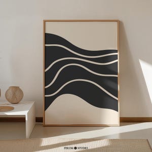 Mid Century Abstrakt, Schwarz und Beige Sofort Download Kunstdruck, Minimalistisches nordisches Wohnzimmer Dekor Poster, Schwarzer Abstrakter Druck | 1895