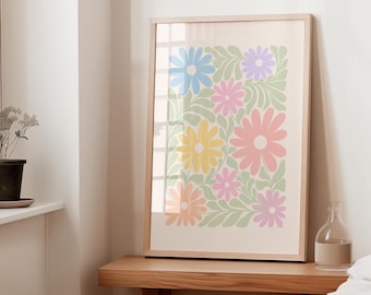 Pastel Daisy Flower Print, Danish Boho Dorm Decor, Colourful Nursery Art, Digital Download | 1270