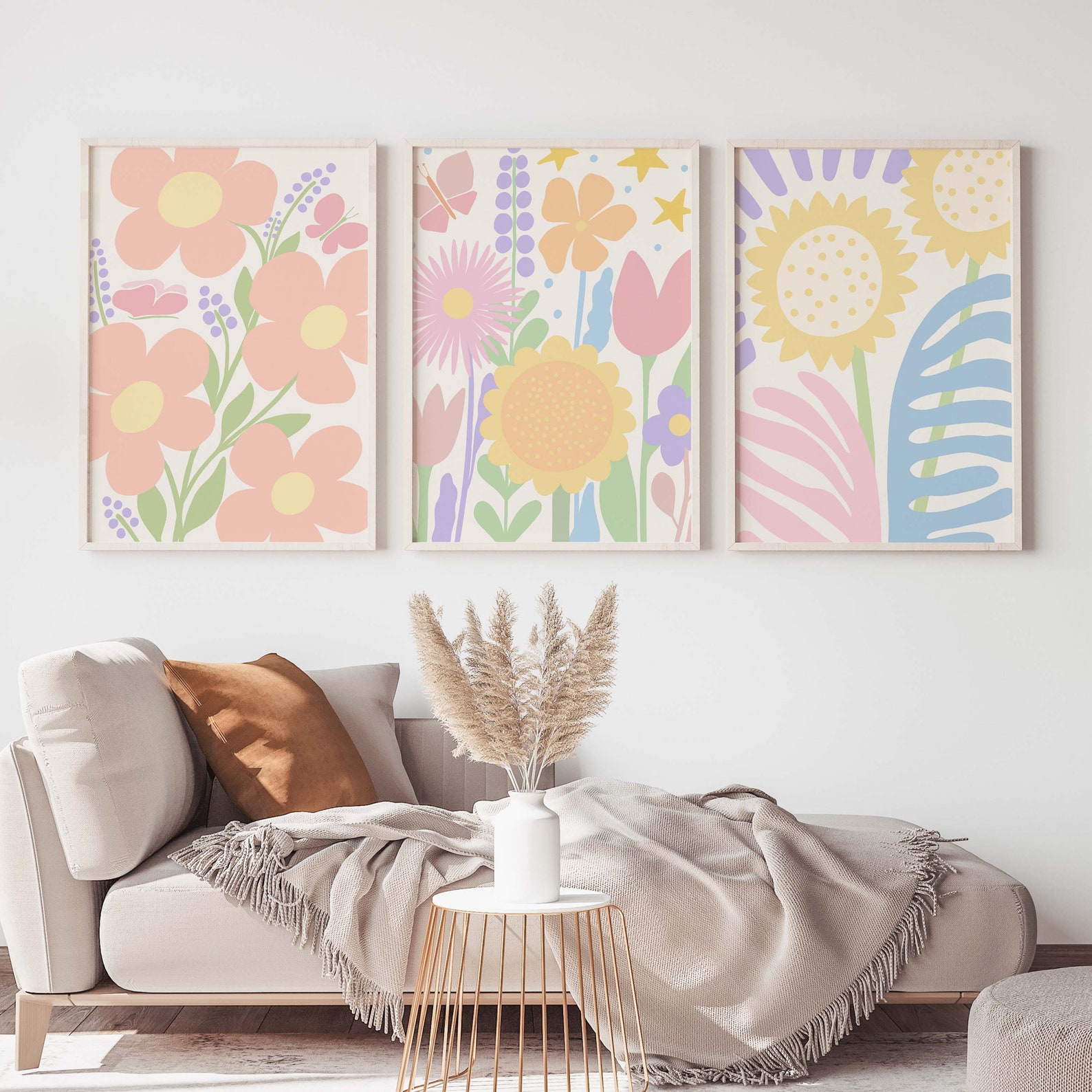 Danish Pastel Decor Set of 3 Prints Floral Illustration - Etsy