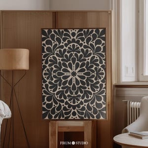 Abstract Floral Art, Mid Century Modern, Black Printable Art, Floral Illustration, Beige Black Flower Decor Print, Organic Art | 1823