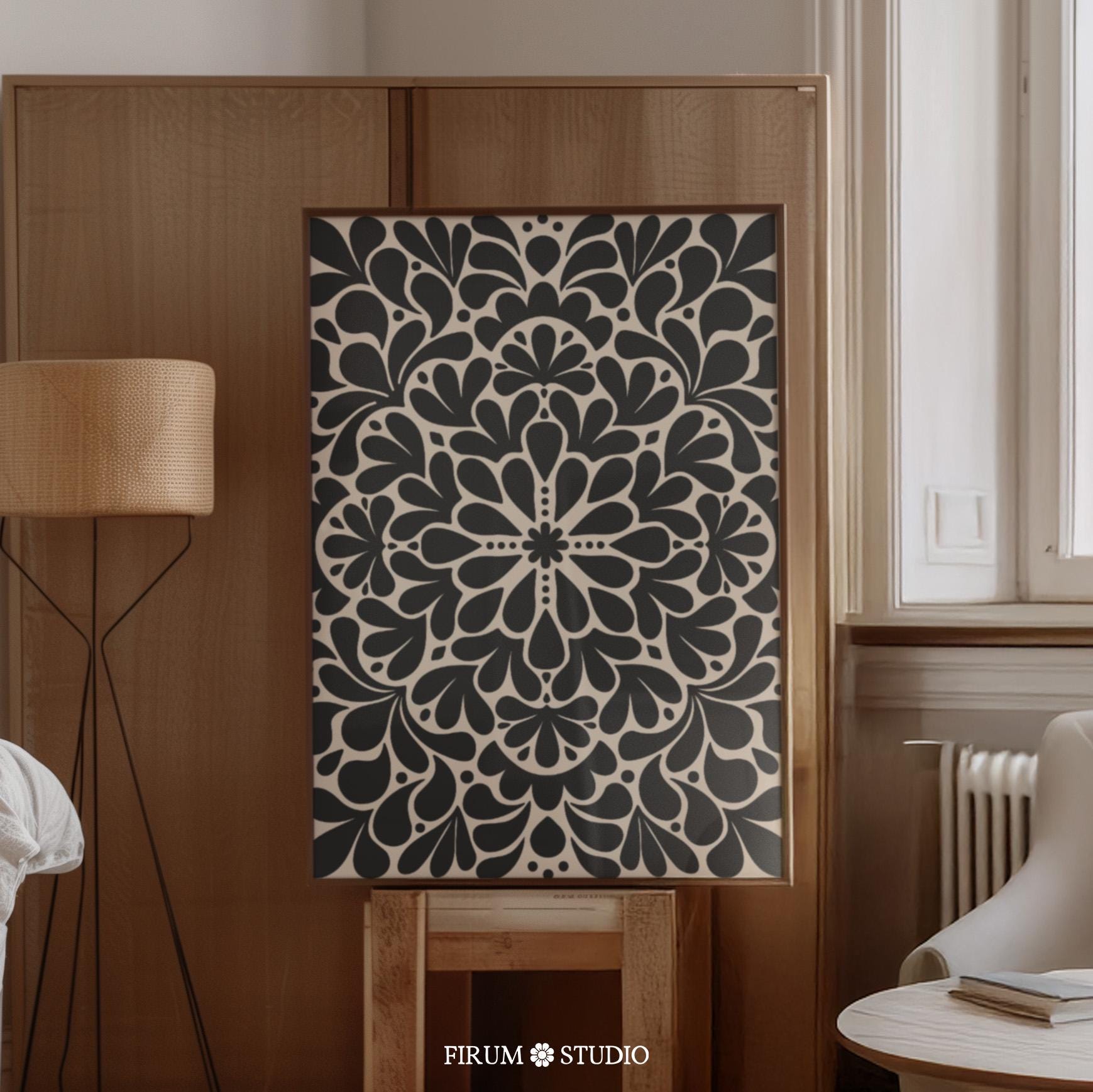 Abstract Floral Art, Mid Century Modern, Black Printable Art, Floral Illustration, Beige Black Flower Decor Print, Organic Art | 1823