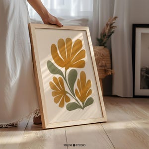 Abstrakte Blumen druckbare Wandkunst, Ocker und Grün Boho Blumenkunst-Druck, Eklektische Wohnzimmer-Wand-Dekor, Erdtöne Botanische Kunst | 0775