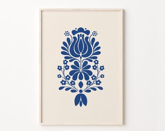 Blue and Beige Print, Scandinavian Folk Art, Digital Print, Norwegian Wall Art, Norway Folk Art, Scandi Art Print, Royal Blue Wall Art