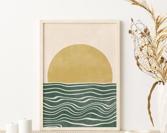 Summer Wall Decor, Earth Tones Wall Art, Boho Printable Art, Rising Sun Wall Art, Digital Download, Dorm Room Wall Art, Large Abstract Print
