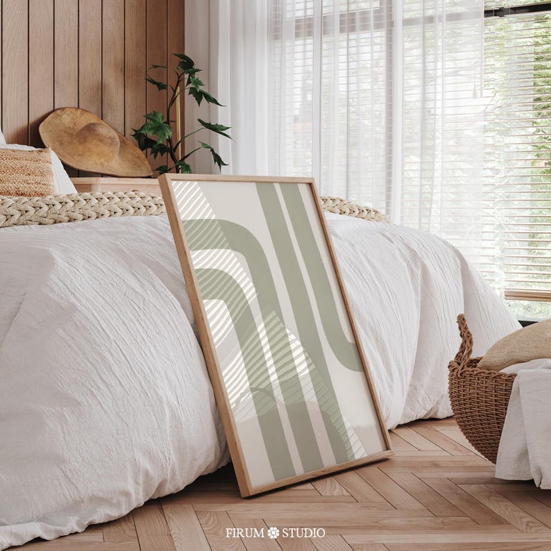 Minimalist sage green abstract stripes wall art with Japandi-inspired design. This printable artwork features organic, modern lines in a neutral color palette, perfect for contemporary living rooms, bedrooms, and offices. Available as a high-resolution digital download for instant printing