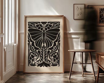 Black Butterfly Downloadable Wall Art, Modern Halloween Decor, Moody Halloween Art Print, Neutral Aesthetic Living Room Decor | 0985