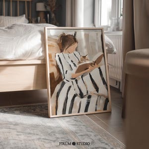 Bookish Girl with Cat Art Print: Earth Tone Literary Decor (Digital Download