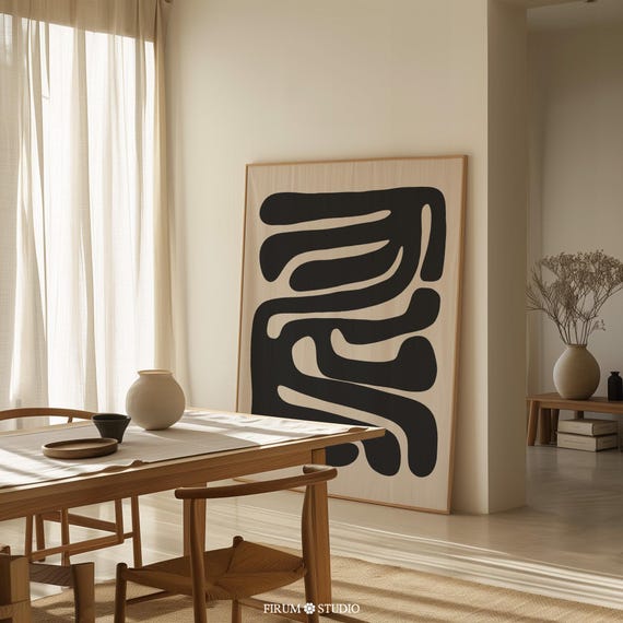 Beige and Black Abstract Art Print, Mid Century Modern Organic Poster (Digital Download)