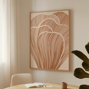 Minimalist burnt orange botanical wall art featuring an abstract floral design in warm terracotta tones. This printable artwork blends boho aesthetics with modern organic style, perfect for eclectic apartments, living rooms, and cozy interiors. Available as a high-resolution digital download for instant printing