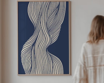 May include: A rectangular wall art print in a light wood frame featuring a dark navy blue background with a central abstract design of flowing, wavy beige lines that curve and twist vertically across the entire surface of the artwork.