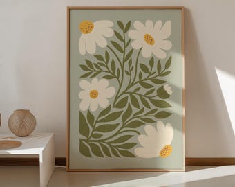 Sage Green Daisies Downloadable Print, Boho Living Room Wall Decor, Muted Green Floral Wall Art, Printable Modern Art Poster | 0658