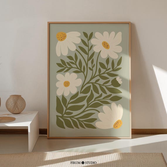 Sage Green Daisies Downloadable Print, Boho Living Room Wall Decor, Muted Green Floral Wall Art, Printable Modern Art Poster | 0658