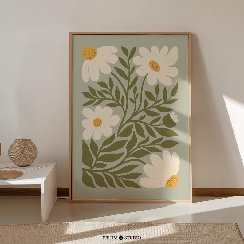 Sage green daisies printable wall art featuring soft floral elements in a muted green palette. This digital artwork blends modern botanical aesthetics with minimalist decor, perfect for living rooms, bedrooms, and stylish apartments. Available as a high-resolution digital download for instant printing