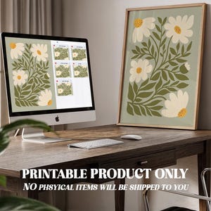 Sage green daisies printable wall art featuring soft floral elements in a muted green palette. This digital artwork blends modern botanical aesthetics with minimalist decor, perfect for living rooms, bedrooms, and stylish apartments. Available as a high-resolution digital download for instant printing