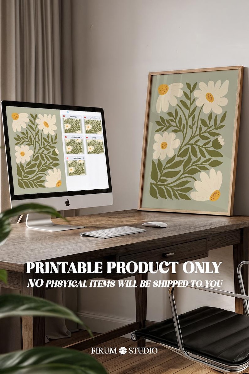Sage green daisies printable wall art featuring soft floral elements in a muted green palette. This digital artwork blends modern botanical aesthetics with minimalist decor, perfect for living rooms, bedrooms, and stylish apartments. Available as a high-resolution digital download for instant printing