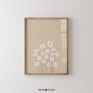 Soft cream daisy floral wall art featuring a minimalist beige botanical illustration. This printable artwork blends modern boho aesthetics with a neutral color palette, perfect for contemporary living rooms, bedrooms, and gallery walls. Available as a high-resolution digital download for instant printing.