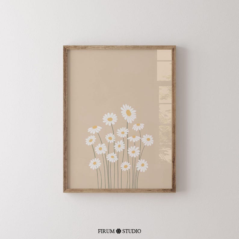 Soft cream daisy floral wall art featuring a minimalist beige botanical illustration. This printable artwork blends modern boho aesthetics with a neutral color palette, perfect for contemporary living rooms, bedrooms, and gallery walls. Available as a high-resolution digital download for instant printing.
