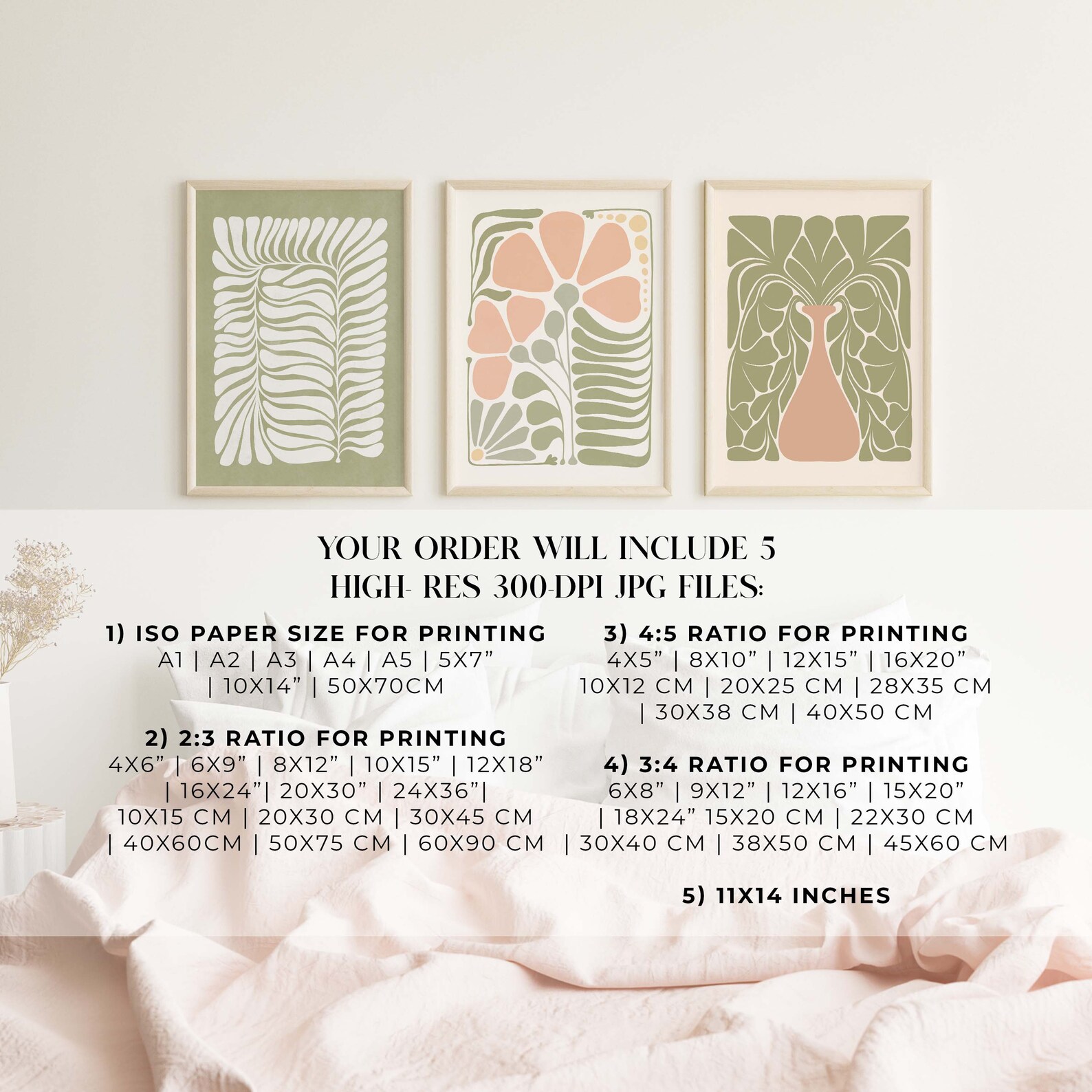 Sage Green Print Set Printable Set of 3 Abstract Botanical | Etsy