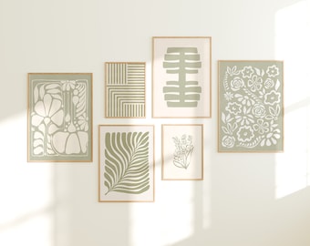 Set von 6 Salbei Grün Herunterladbare Kunstdrucke, moderne abstrakte Wandgalerie, Boho Botanische Wandkunst Set von 6, Licht Japandi Ästhetik | 2006