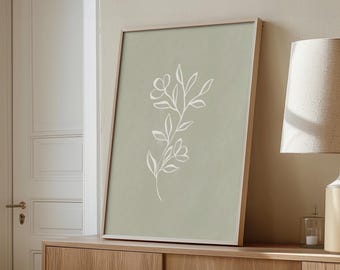 Sage Green Botanical Line Art Print, Minimalist Flower Wall Decor, Digital Download | 1025