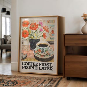 Coffee First, arte de pared retro, arte descargable, impresión de carrito de café, decoración para amantes del café, póster retro de moda, arte de pared maximalista / 0938