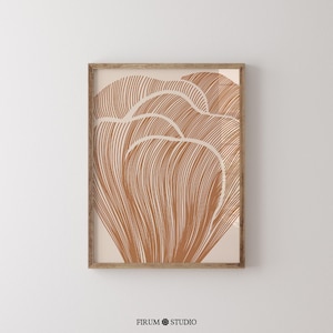 Minimalist burnt orange botanical wall art featuring an abstract floral design in warm terracotta tones. This printable artwork blends boho aesthetics with modern organic style, perfect for eclectic apartments, living rooms, and cozy interiors. Available as a high-resolution digital download for instant printing