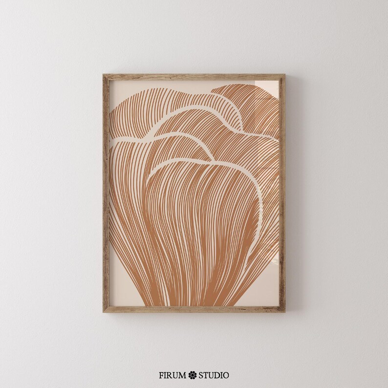 Minimalist burnt orange botanical wall art featuring an abstract floral design in warm terracotta tones. This printable artwork blends boho aesthetics with modern organic style, perfect for eclectic apartments, living rooms, and cozy interiors. Available as a high-resolution digital download for instant printing